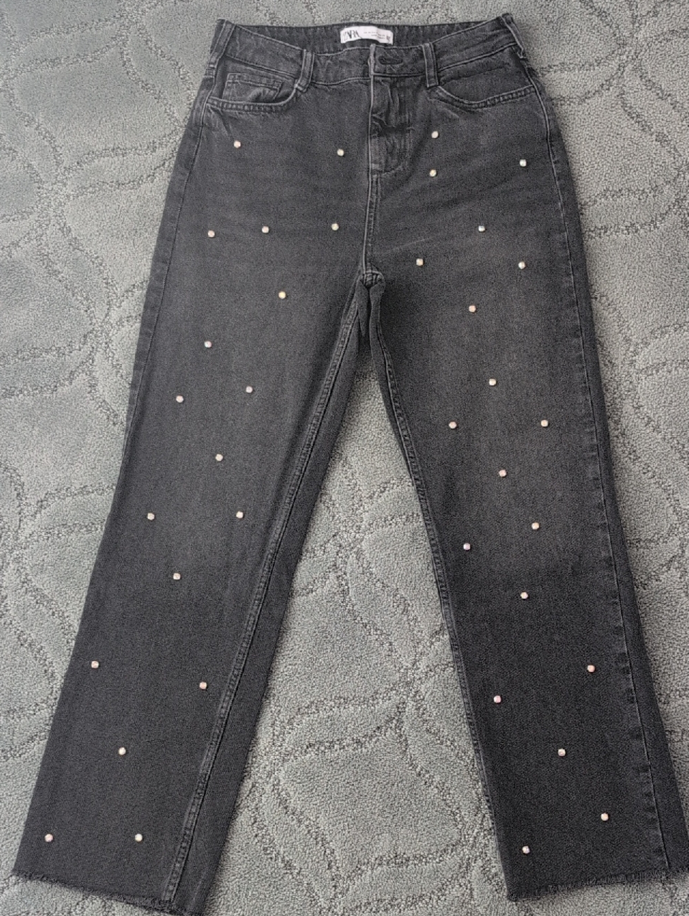 Zara Black Straight-Leg Jeans with Pearl Studs
